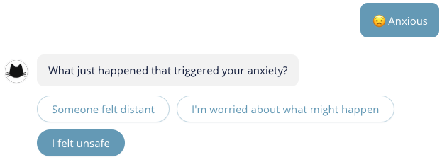 Trigger identification. After selecting Anxious, the learner is offered three trigger options as choice buttons.